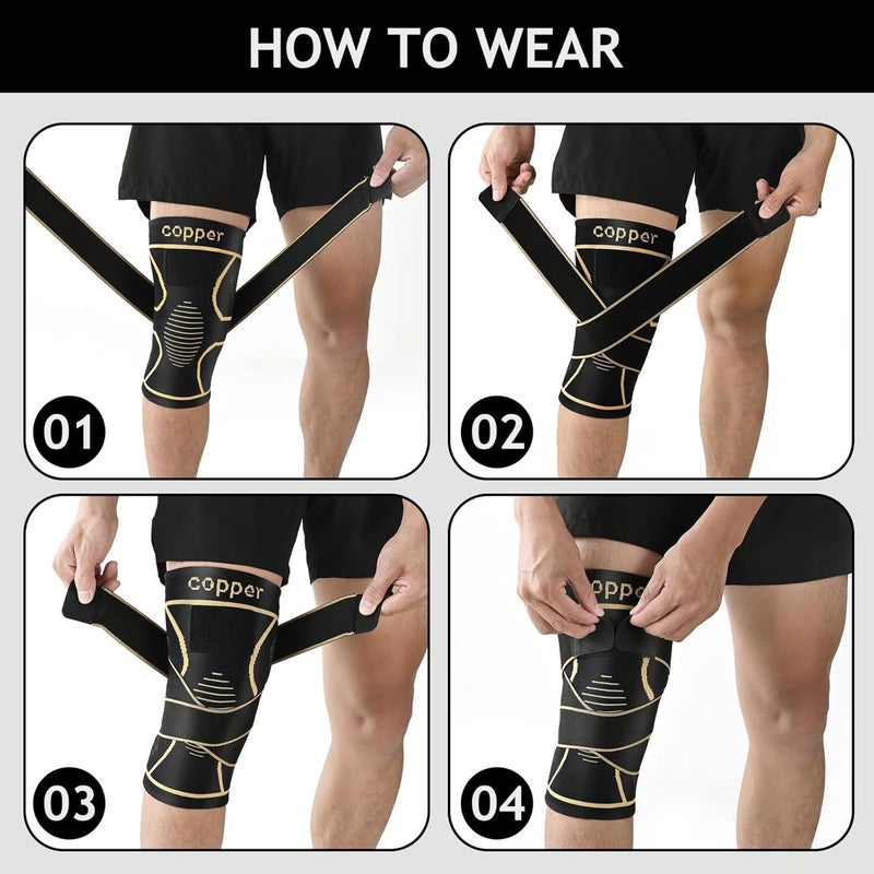 JHVW Copper Knee Brace for Women Men 2-Pack, Knee Compression Sleeve with Straps, Knee Braces for Knee Pain, Knee Support for Running Working - Image 4